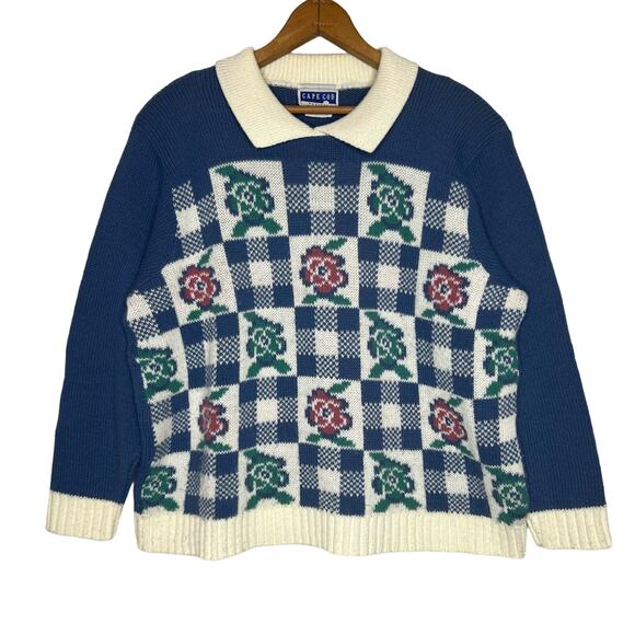 Vintage 80s Cape Cod Petites Size Medium Collared Cottage Pullover Sweater - Picture 1 of 7